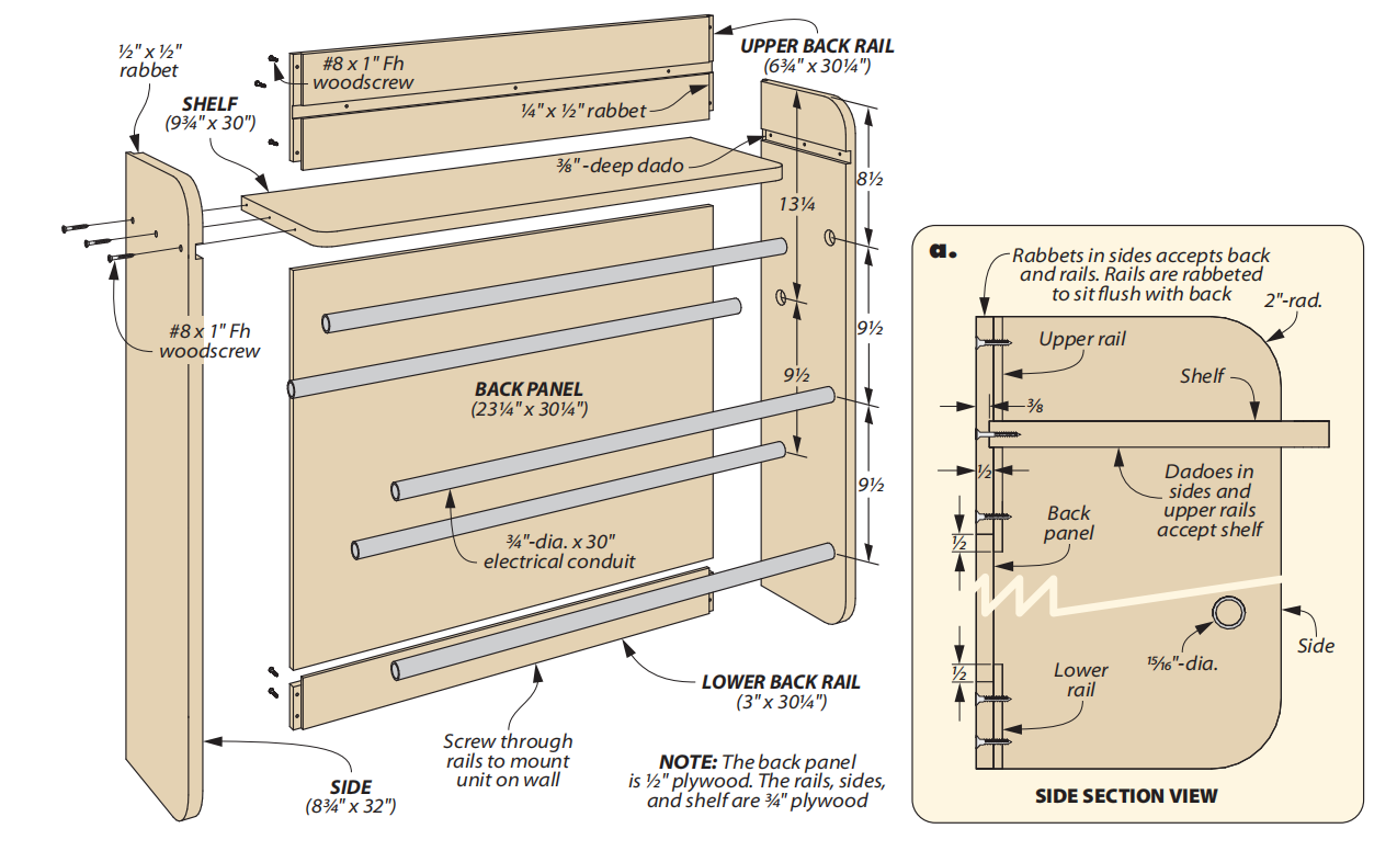 exploded view diagram for diy wall shelf and drying rack