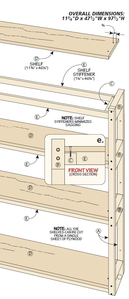rest of exploded view diagram of utlity wall shelf with e, showing front view