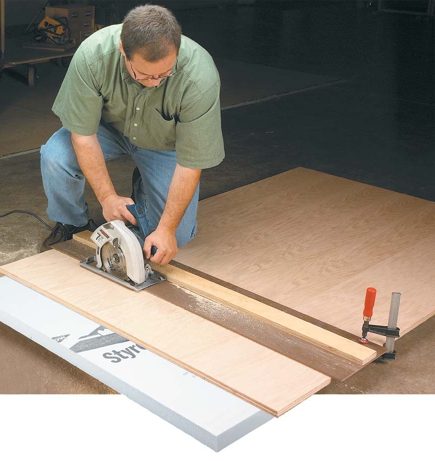circular saw cutting plywood on foam board