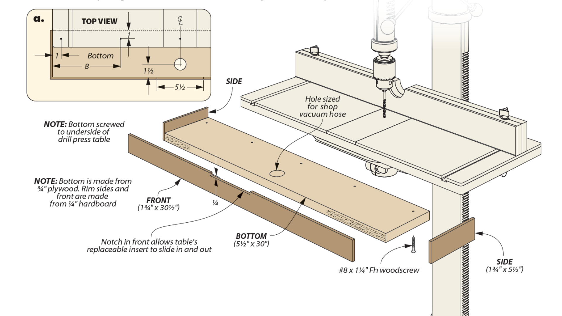 Diagram of drill press chip tray with top, bottom, front, an both sides labeled