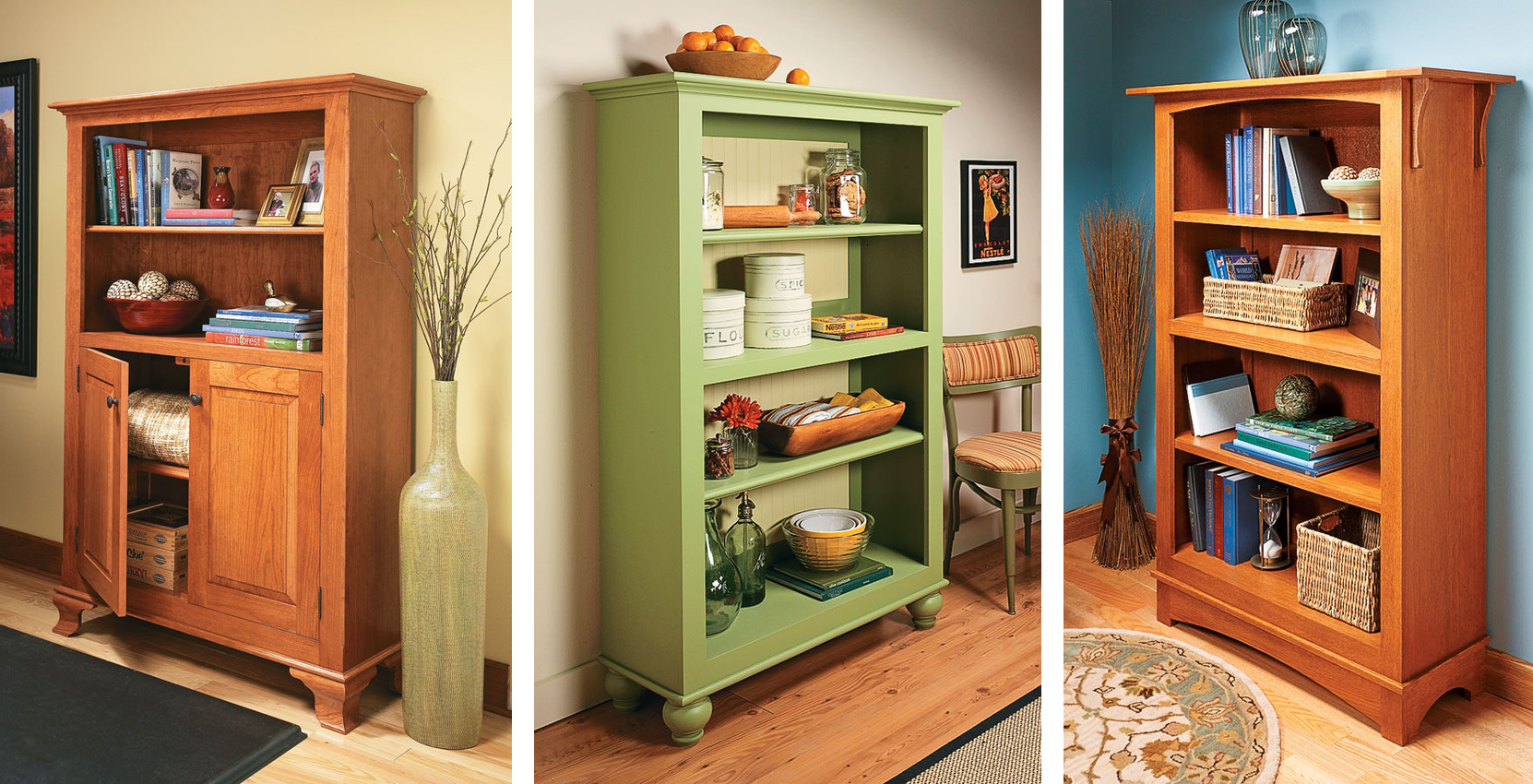 three bookcase styles side by side