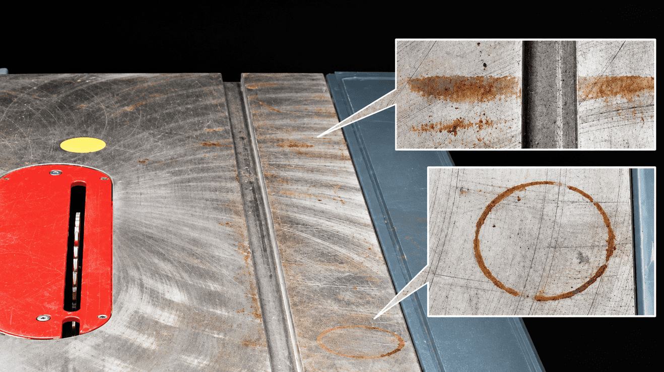 stained and blemish table saw top