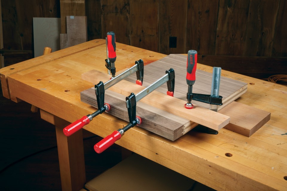 clamping board to plywood and using shorter clamps for edging