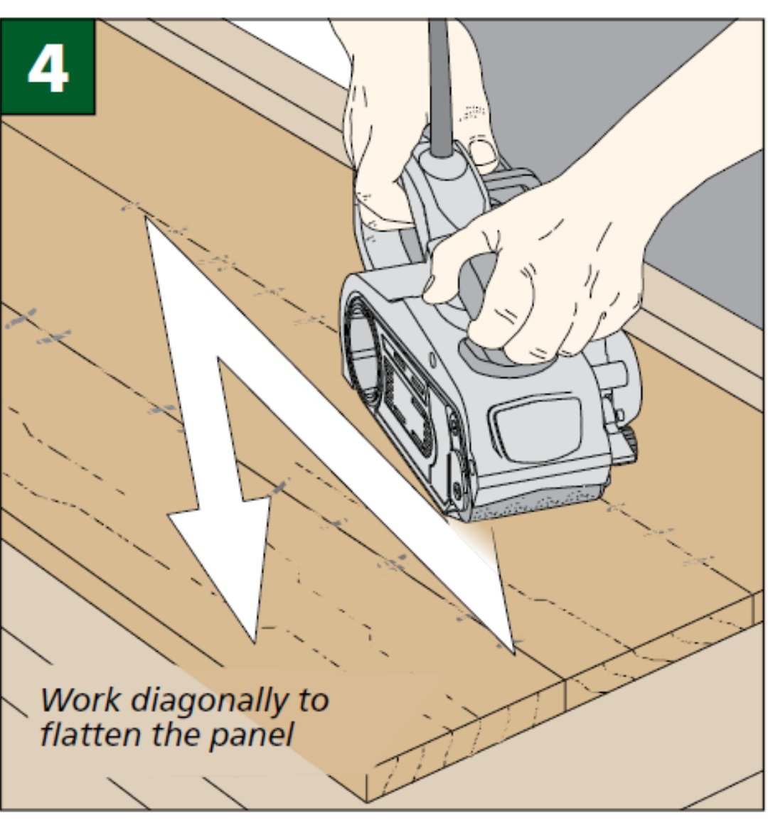 illustration shows to move sander diagnonally to flatten wood panel
