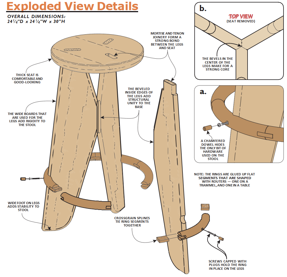 exploded view diagram of wood stool