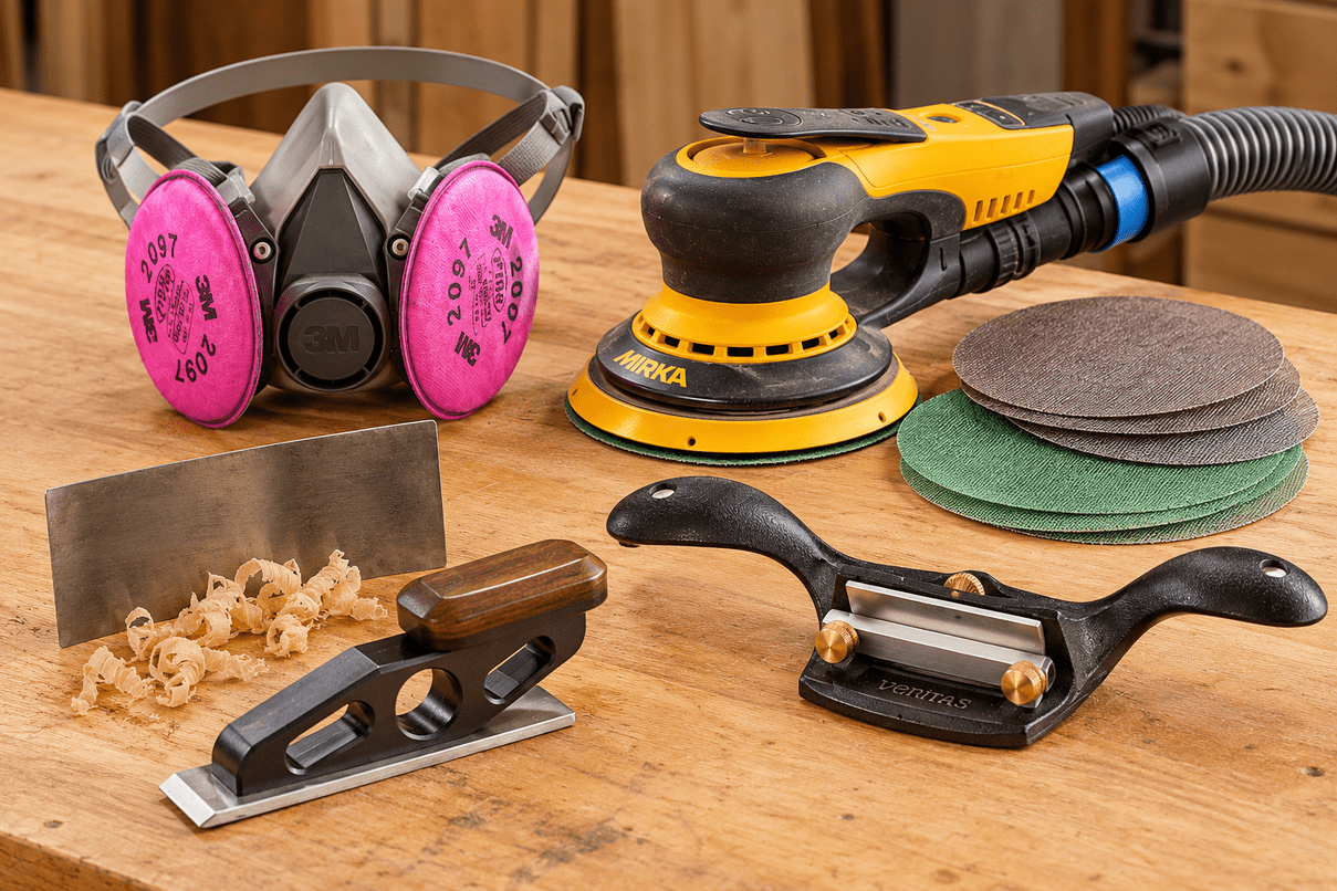 Woodworking Surface-Prep Tools on a Workbench