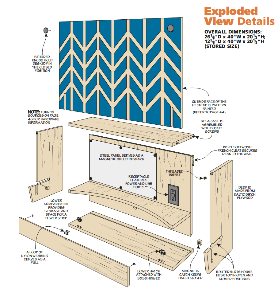 exploded view diagram of drop down desk