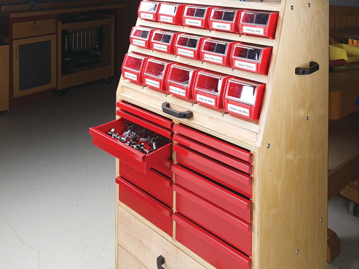 close up of the small red metal drawer