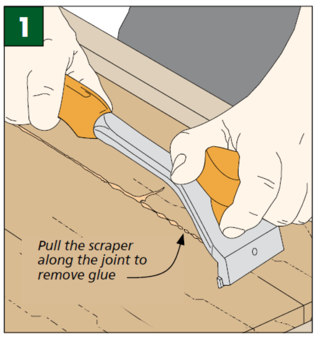 illustration shows to use scraper along wood piece's joint to remove glue