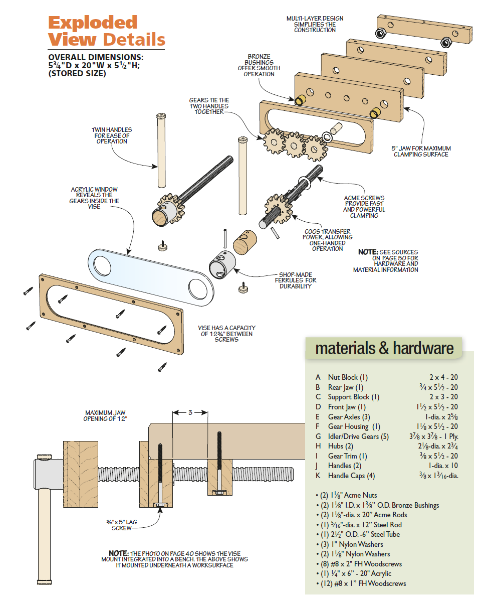 exploded view diagram of skeleton vise with materials and hardware
