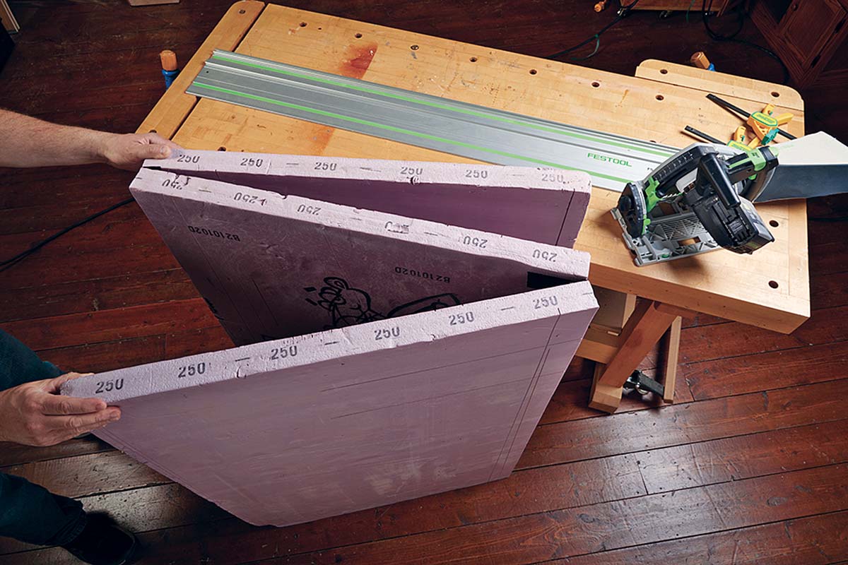 Image showing purple foam insulation cut up into threes and attached with tape so they're foldable