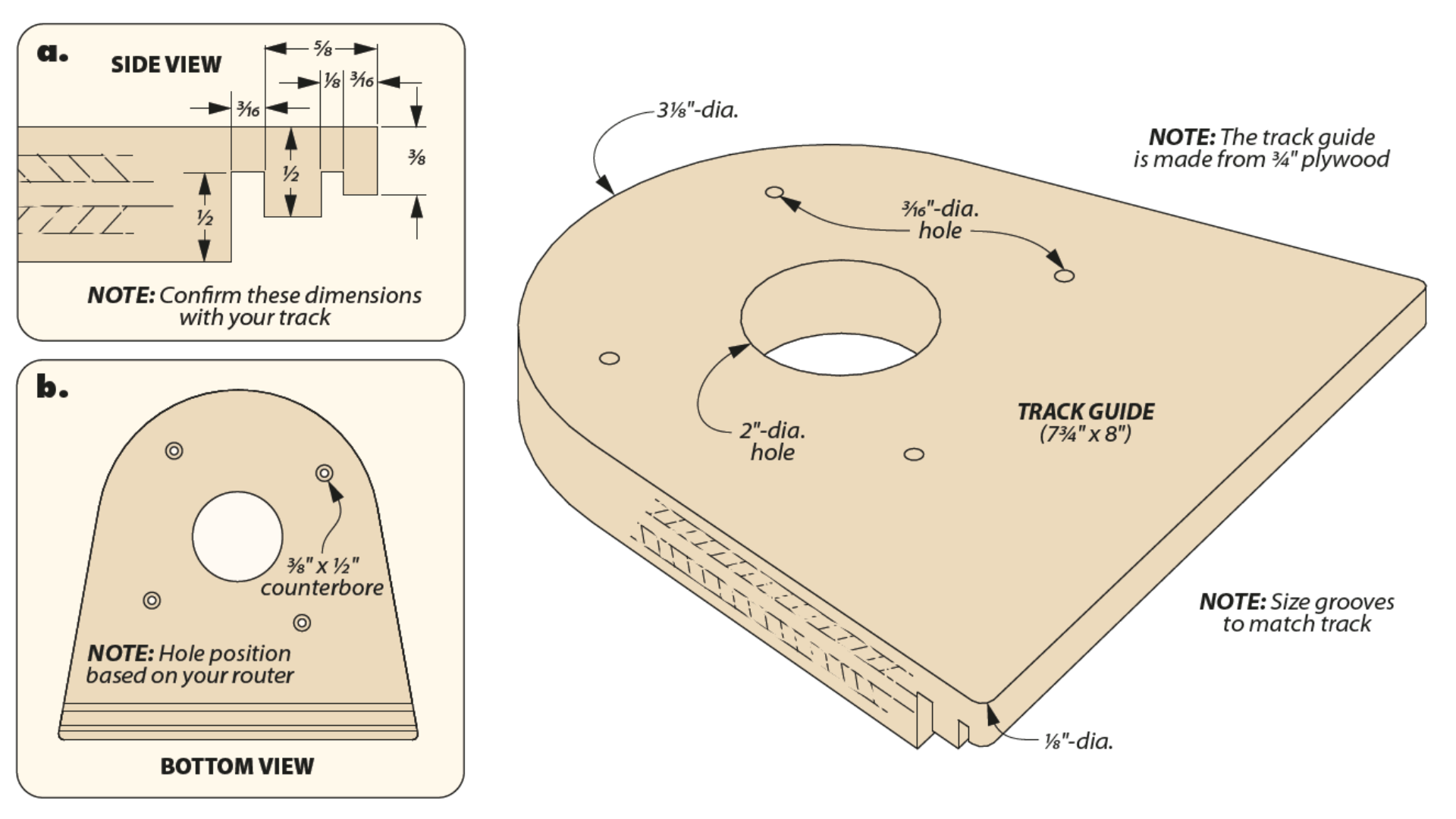 diagram of DIY router track guide with side view and bottom view
