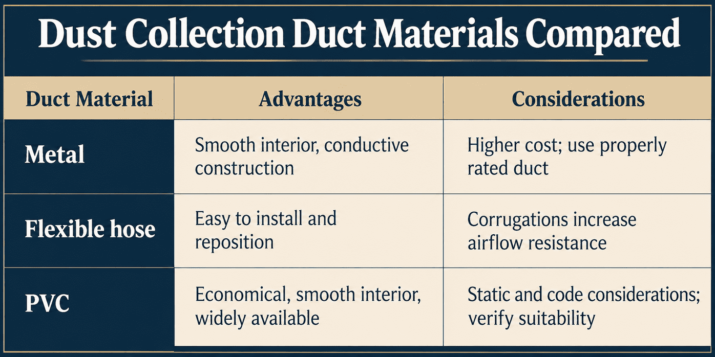 Dust Collection Duct Materials Compared
