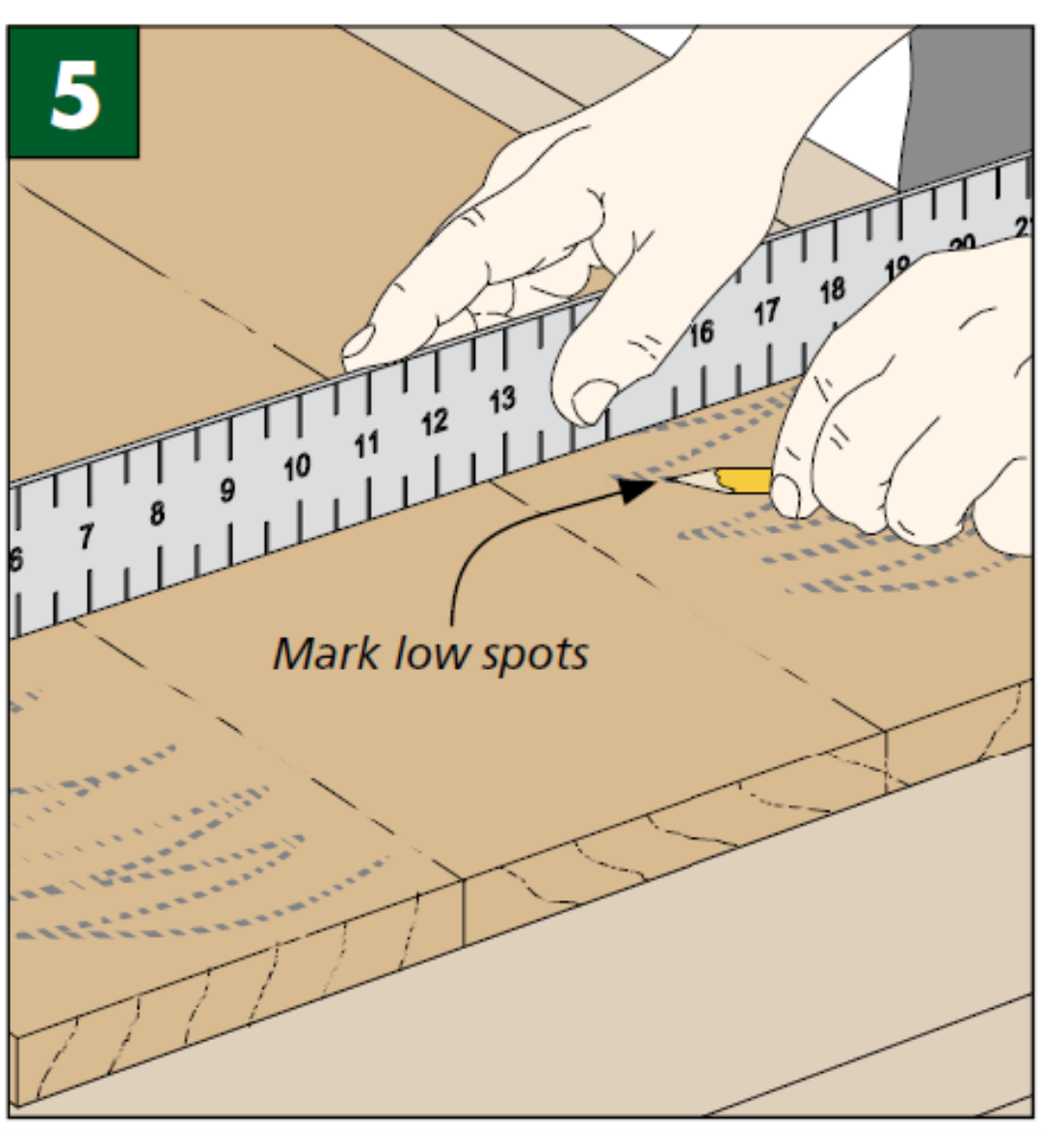 illustration shows to use ruler to find low spot and mark them with pencil
