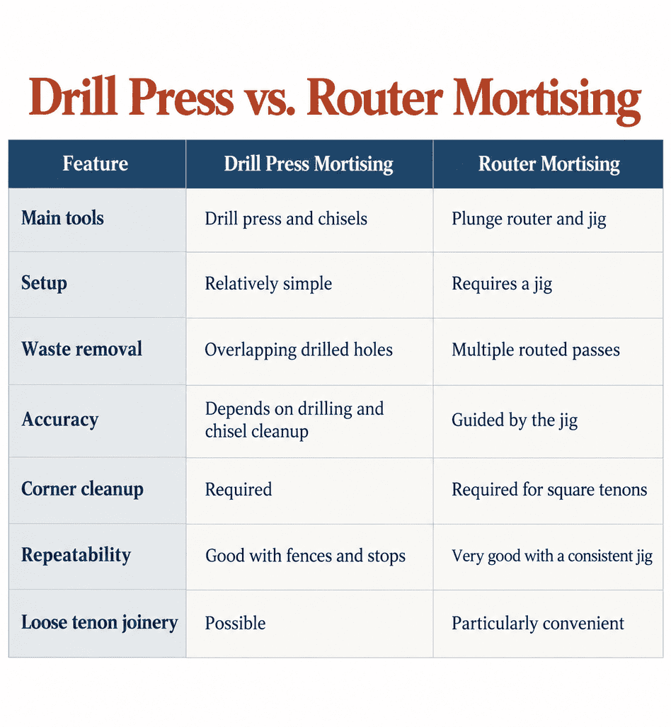 Drill Press vs. Router Mortising Chart