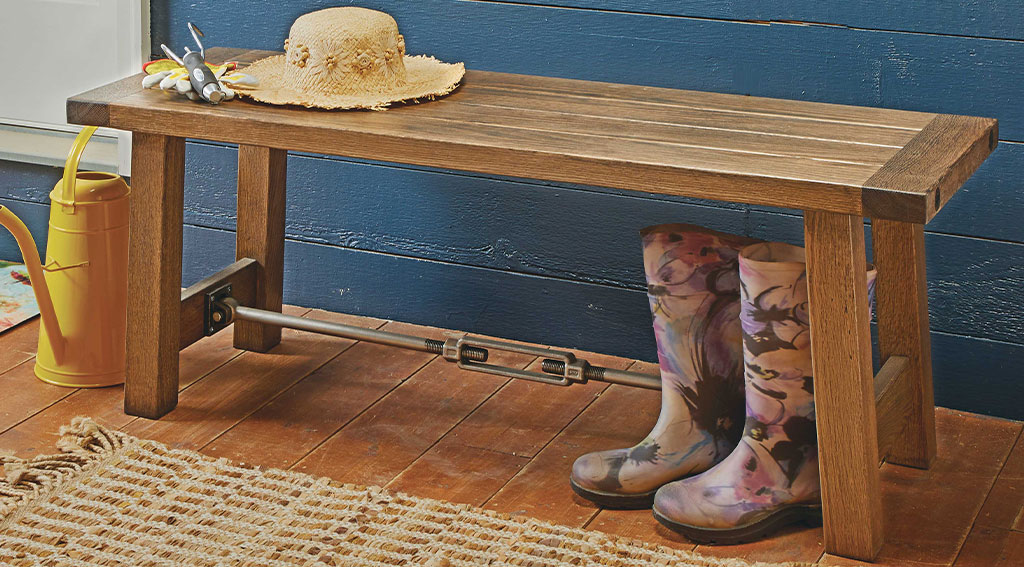 Weathered wood finish on a porch bench