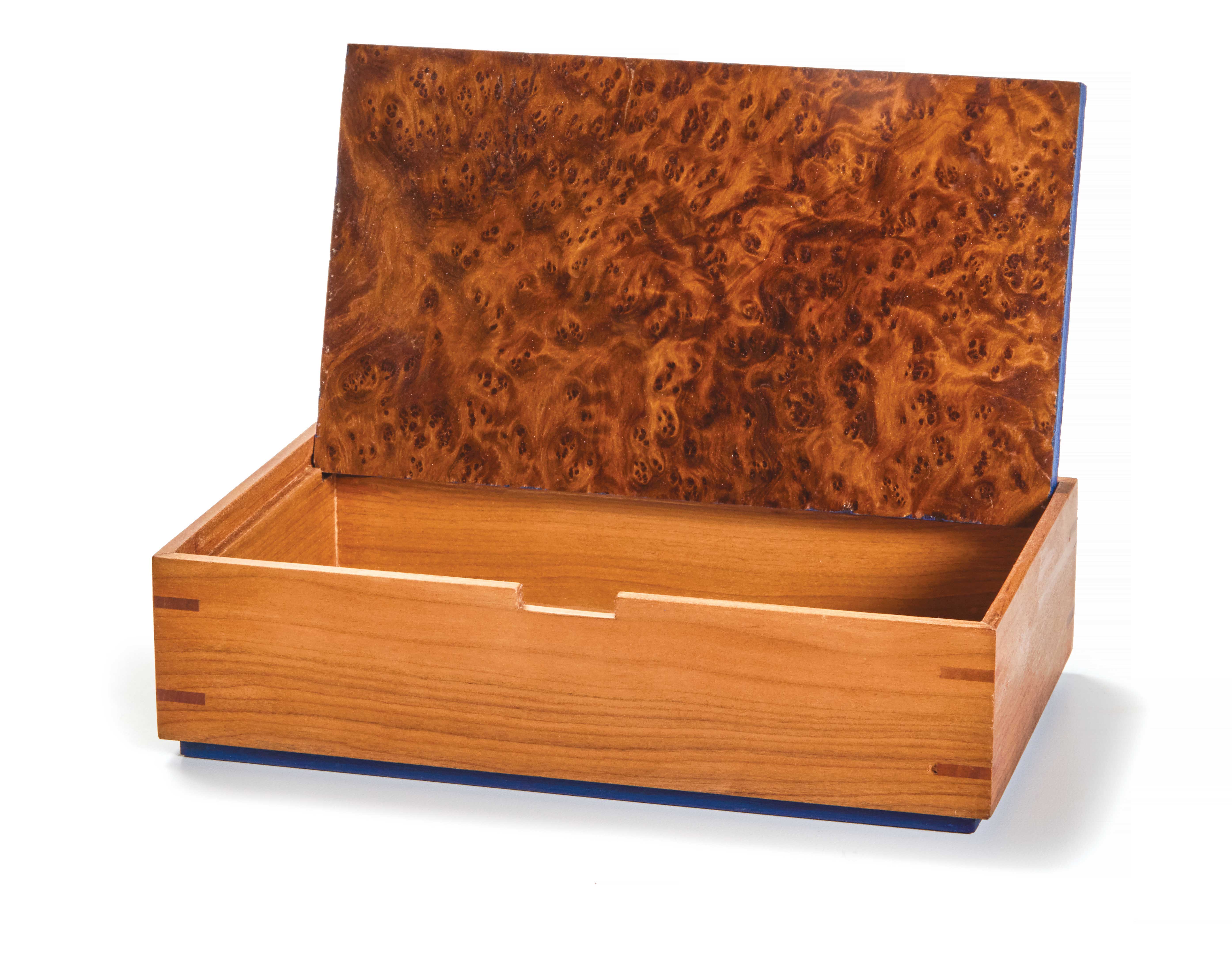 walnut burl veneer thin bands of color on the lid, painted blue on lid's rim