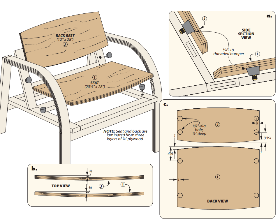 diagram shows assembled chair with where to place threaded rubber bumpers