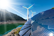 Renewable Energy - Sunlight with solar panel. Wind with wind turbines.