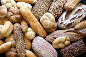 mixed breads and rolls shot from above