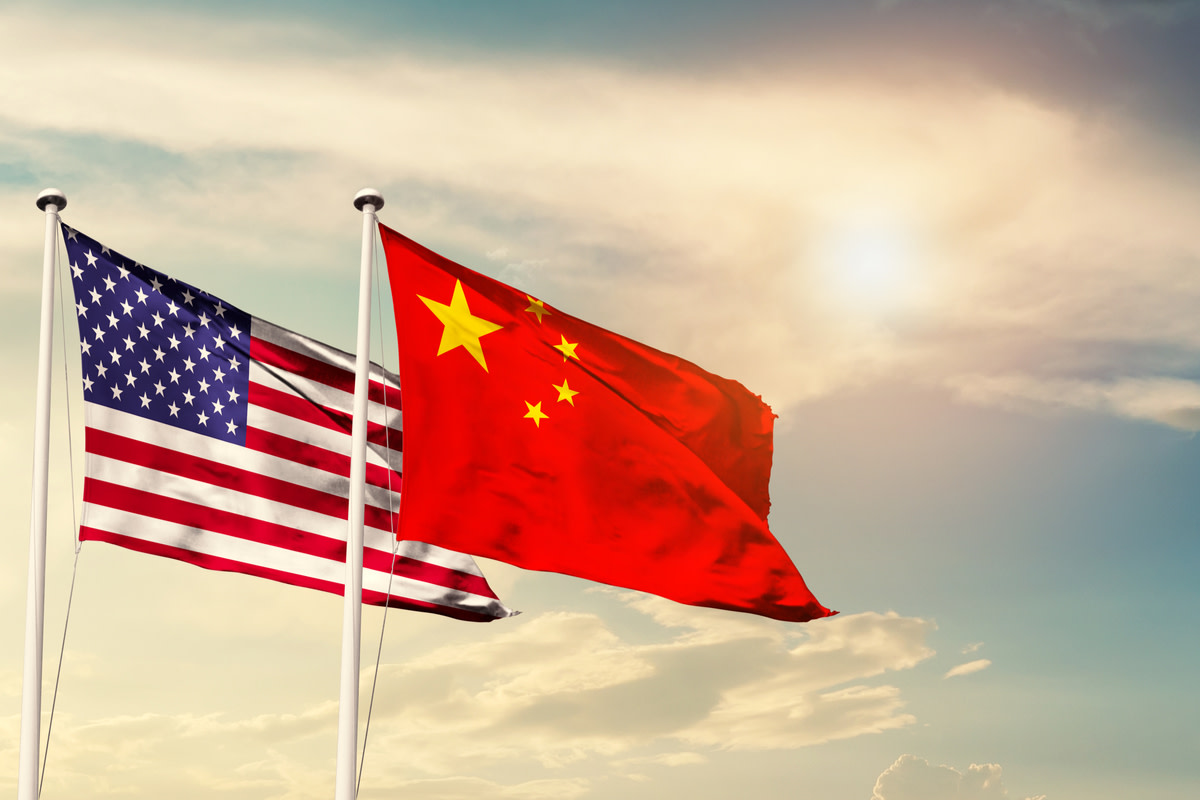 America and China flag waving