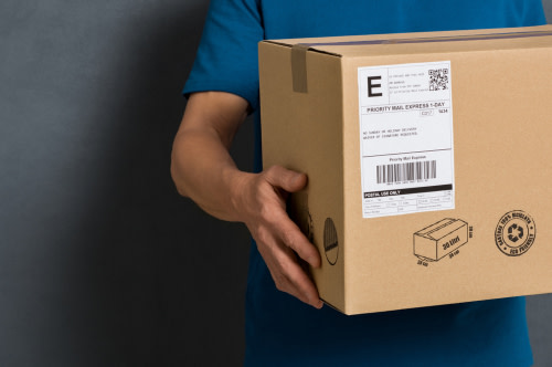 A box with barcode and label