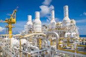 Pipe work and exhaust stack at offshore oil and gas central processing platform