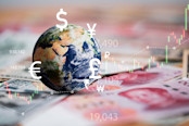 World on international banknotes with currency sign include dollar euro yen yuan pound sterling