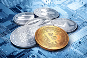 Cryptocurrency coins.