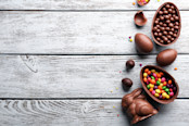 Chocolates and candies on a wooden table