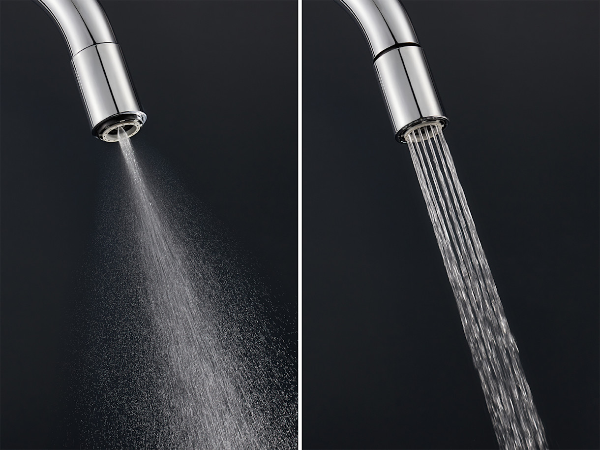 Water-saving Dual Flow aerators offer an atomized and a spray stream