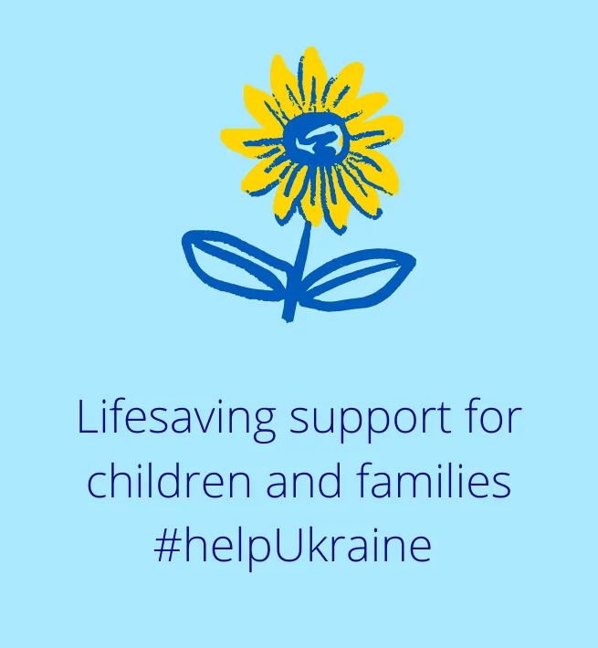 Fleur jaune avec texte sur image pour apporter une aide vitale aux enfants et aux familles. Aidez l’Ukraine.