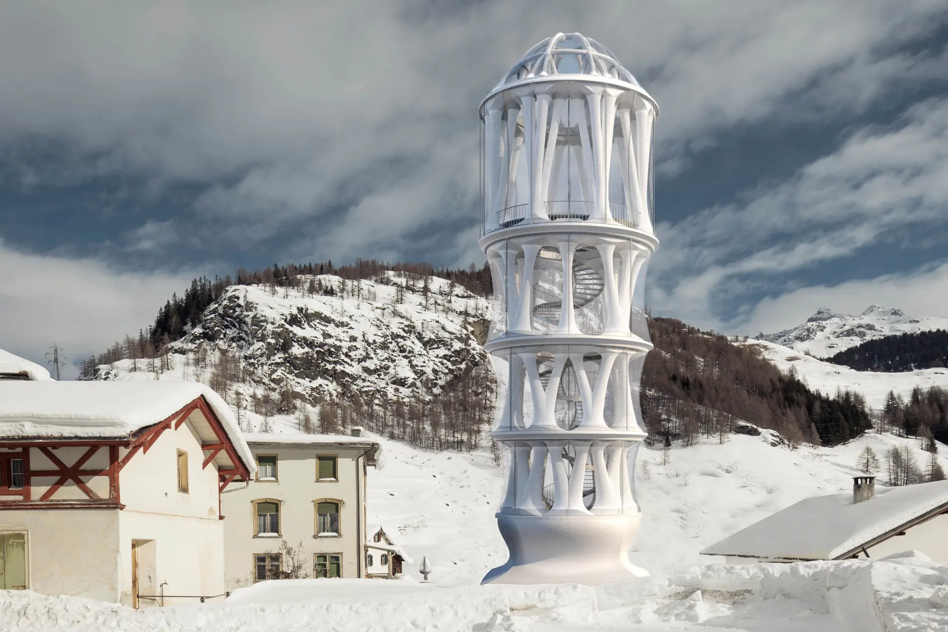 900時間で塔を印刷、スイスで劇場ドームを備えた世界一高い3Dプリントタワー建設中