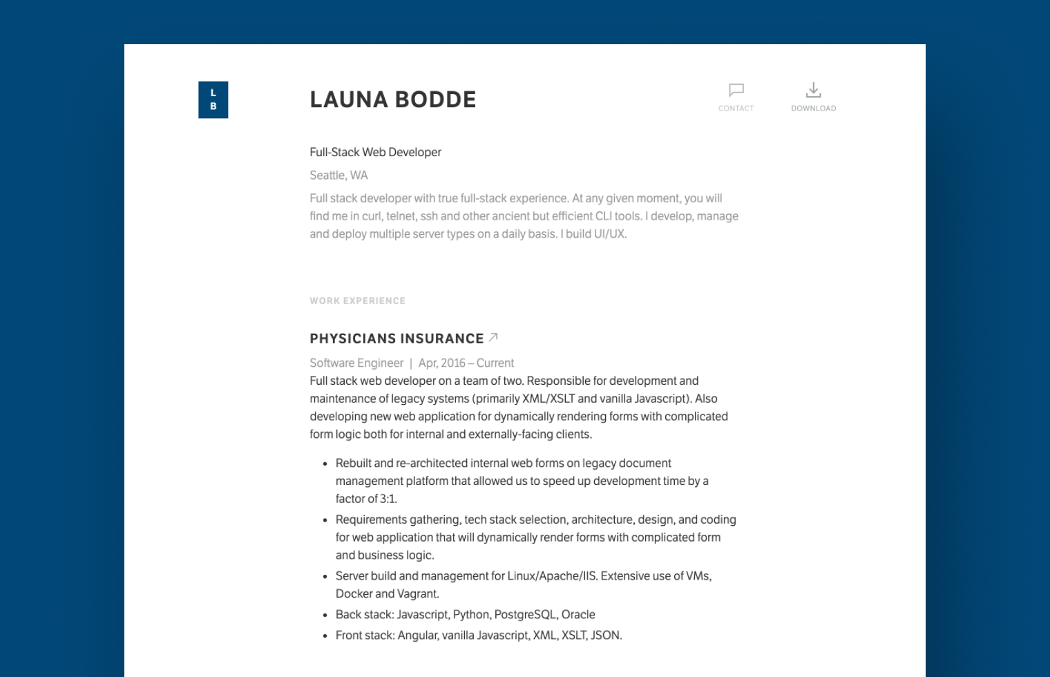 Web Developer Resume example built with Standard Resume