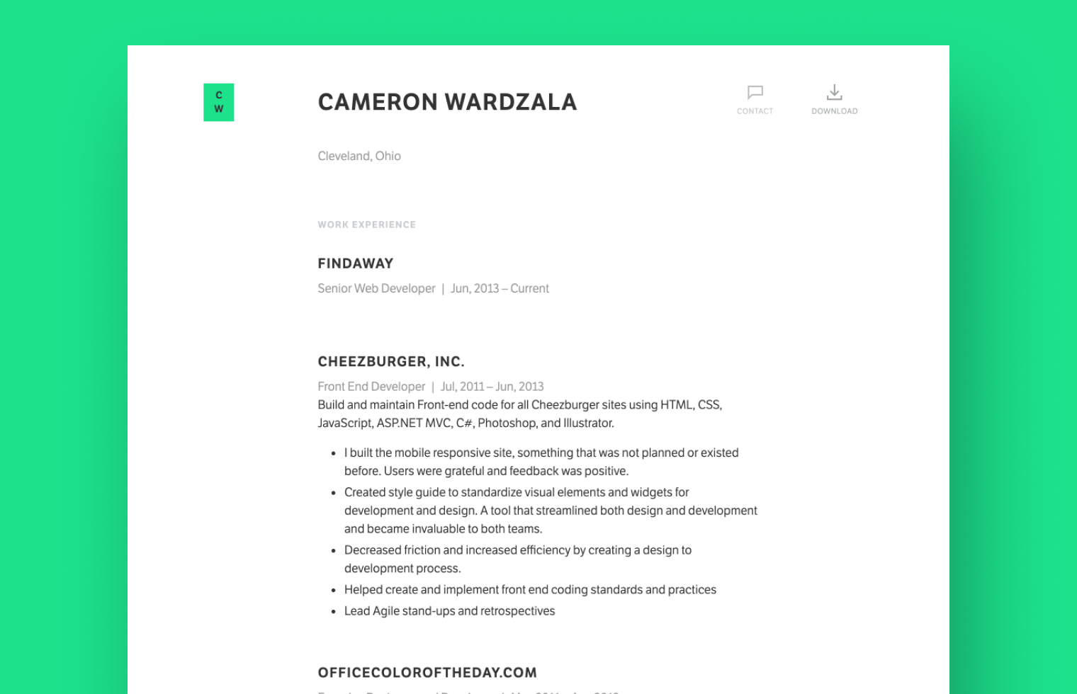 Web Developer Resume example built with Standard Resume