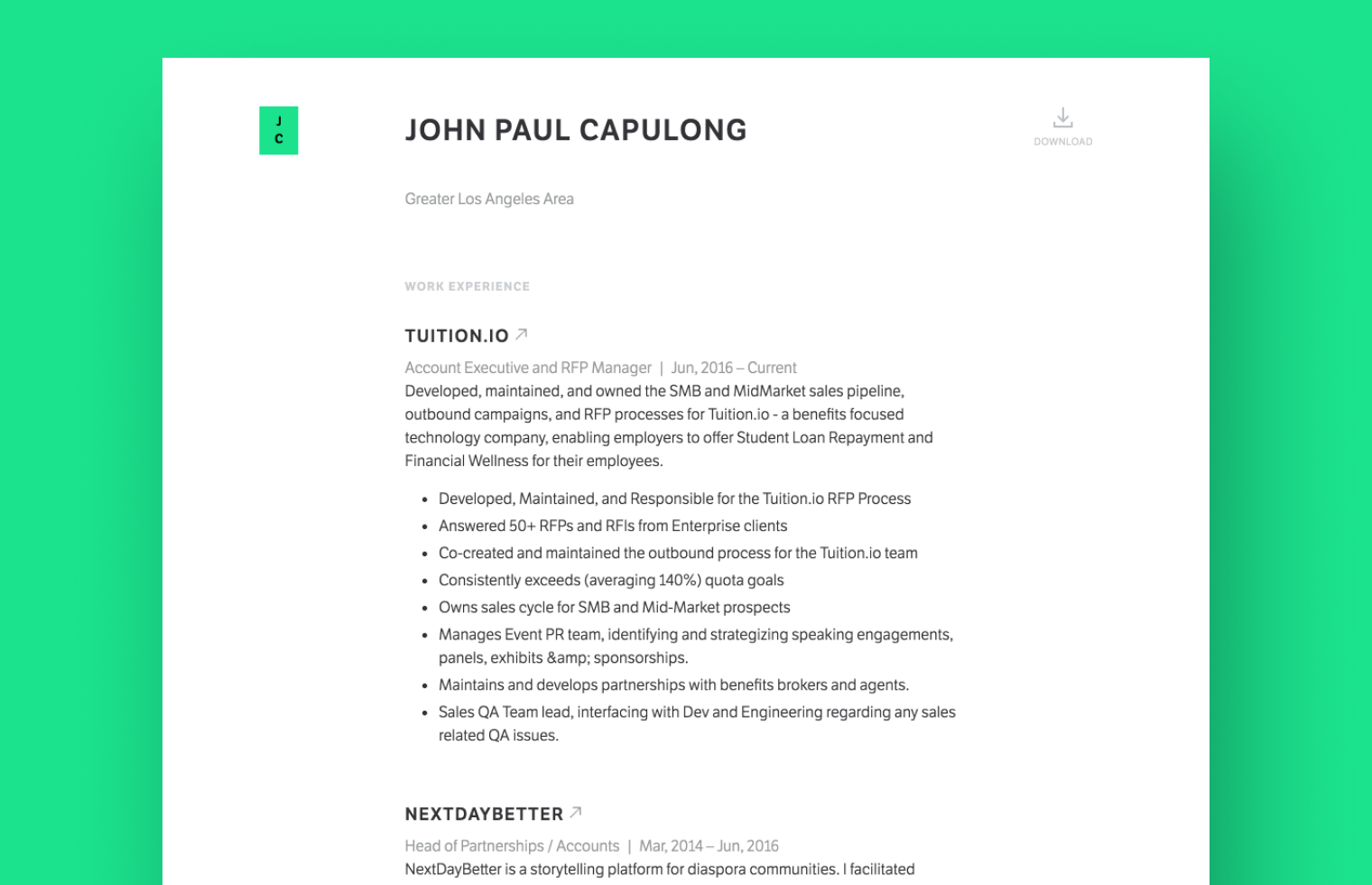Account Executive resume example built with Standard Resume