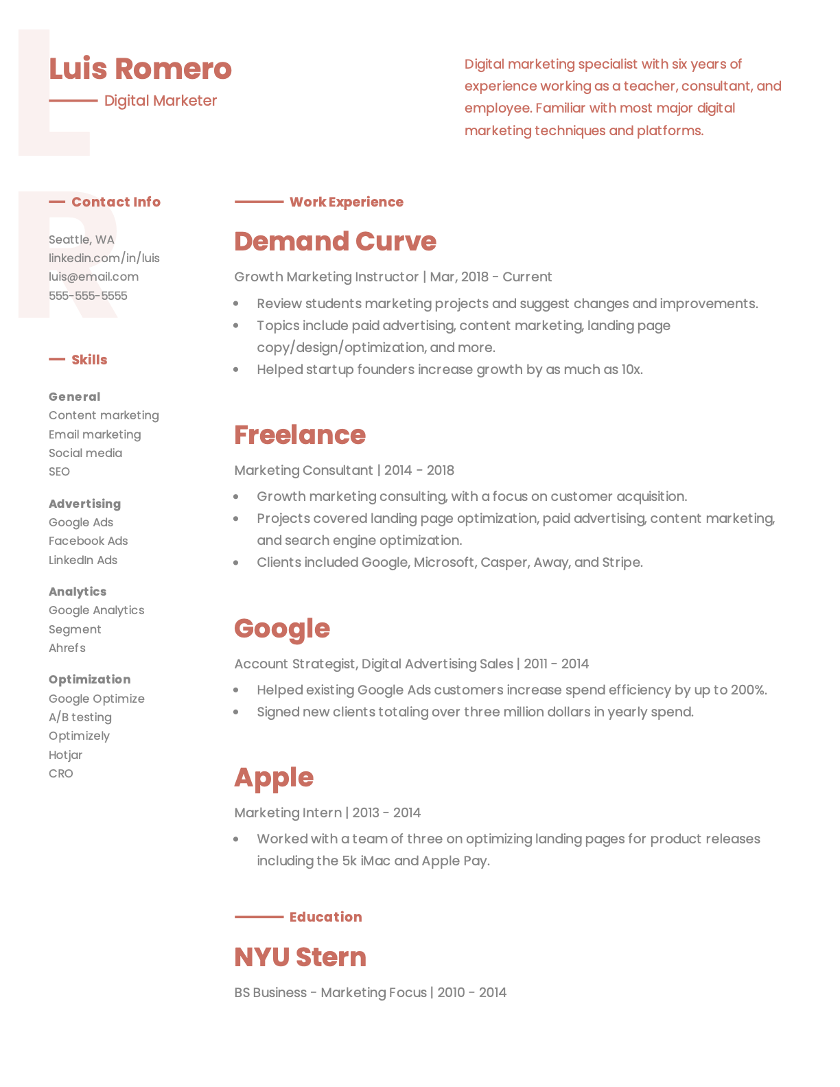 Digital marketer sample resume template.