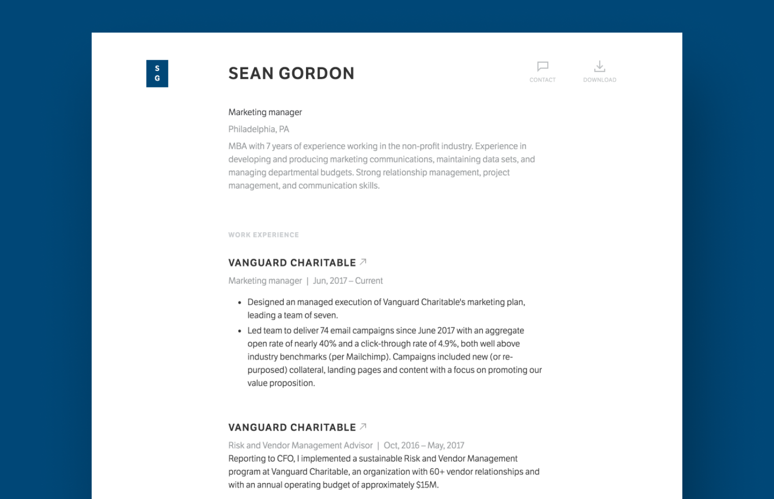 Marketing Manager resume example built with Standard Resume