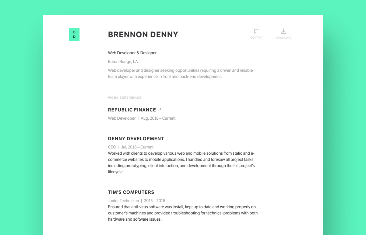 Web Designer Resume example built with Standard Resume