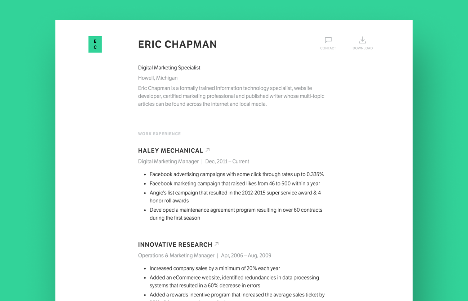 Marketing Manager resume example built with Standard Resume