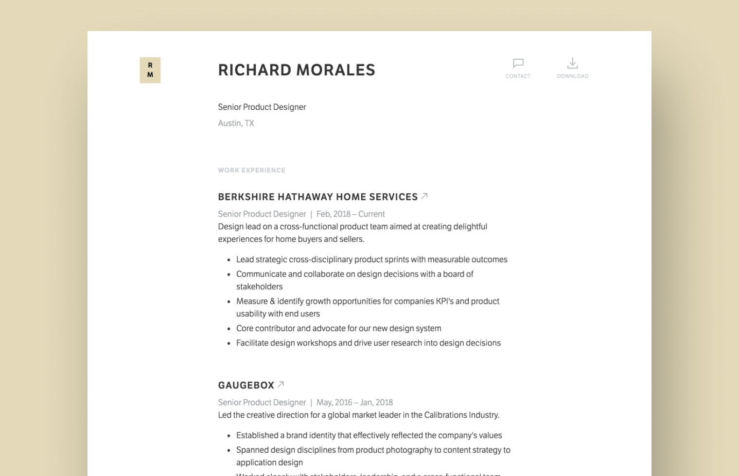 Product Designer Resume example built with Standard Resume