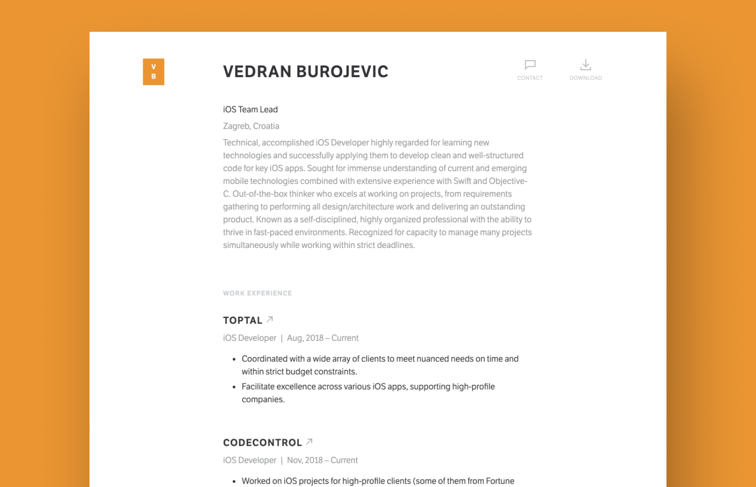 iOS Developer resume example built with Standard Resume
