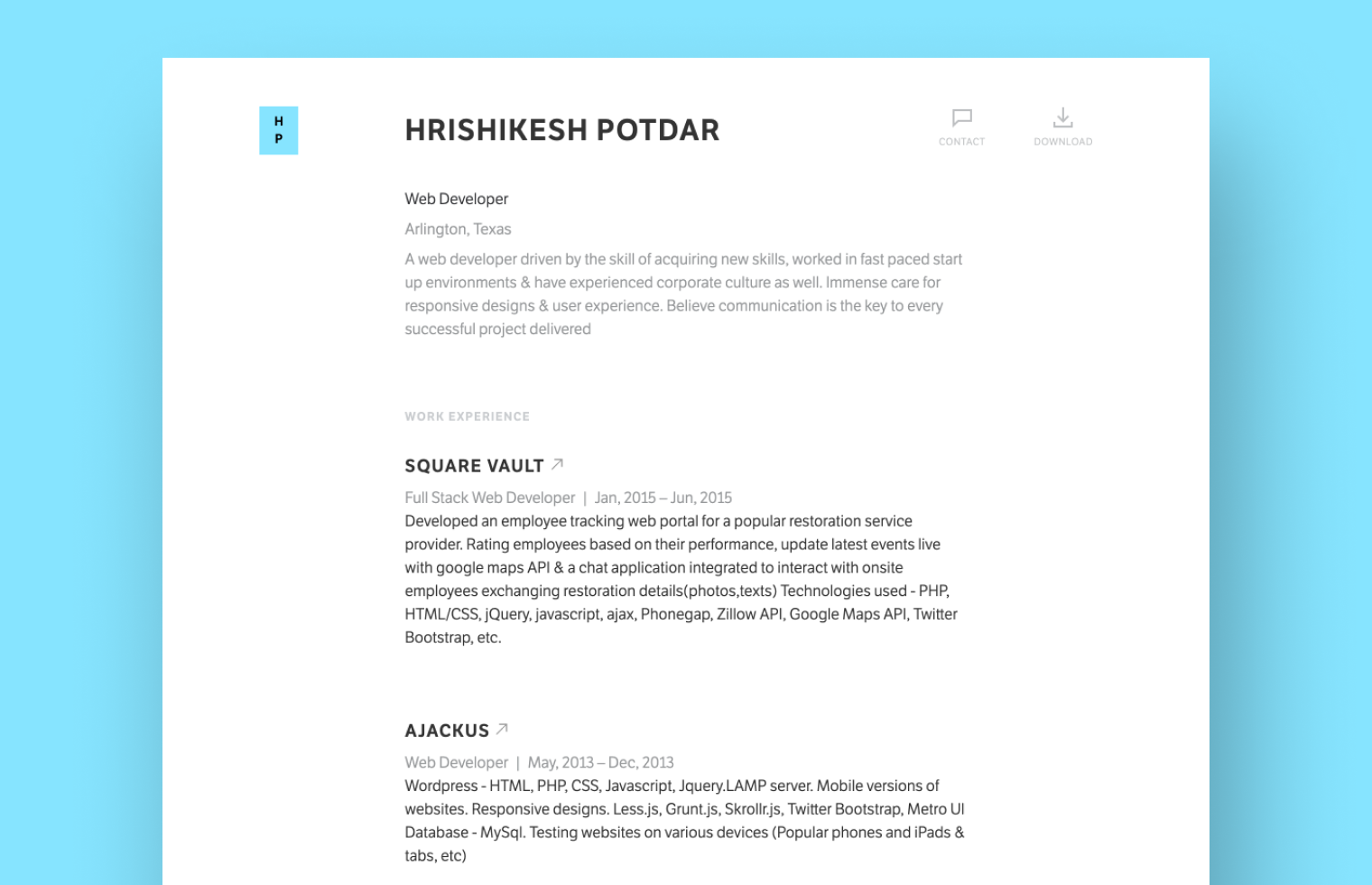 Web Developer Resume example built with Standard Resume