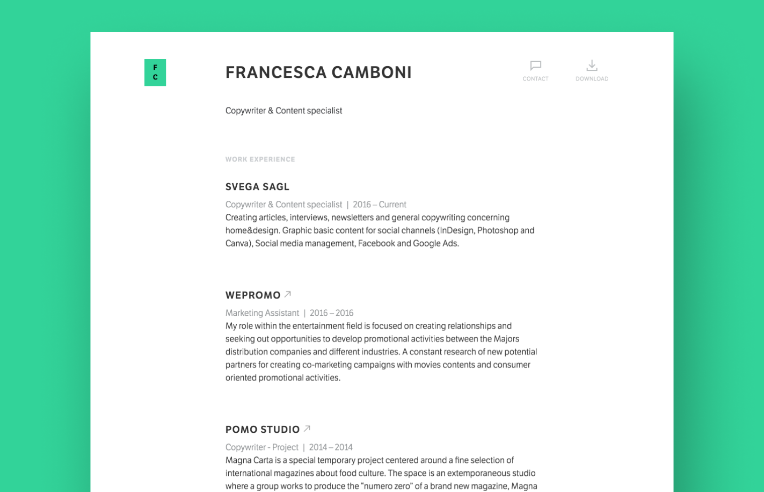 Copywriter resume example built with Standard Resume