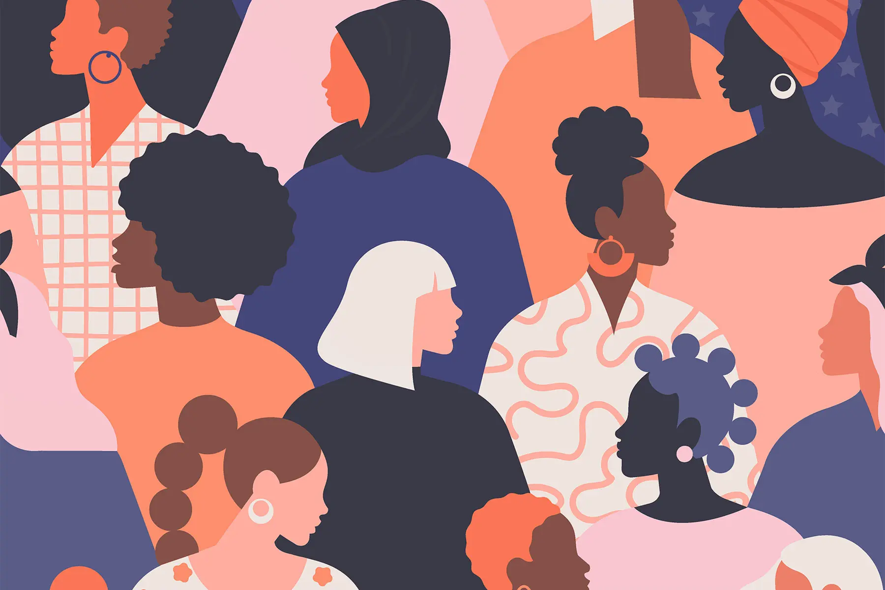 Minimalist illustration showing a crowd of women from diverse backgrounds and ages. header