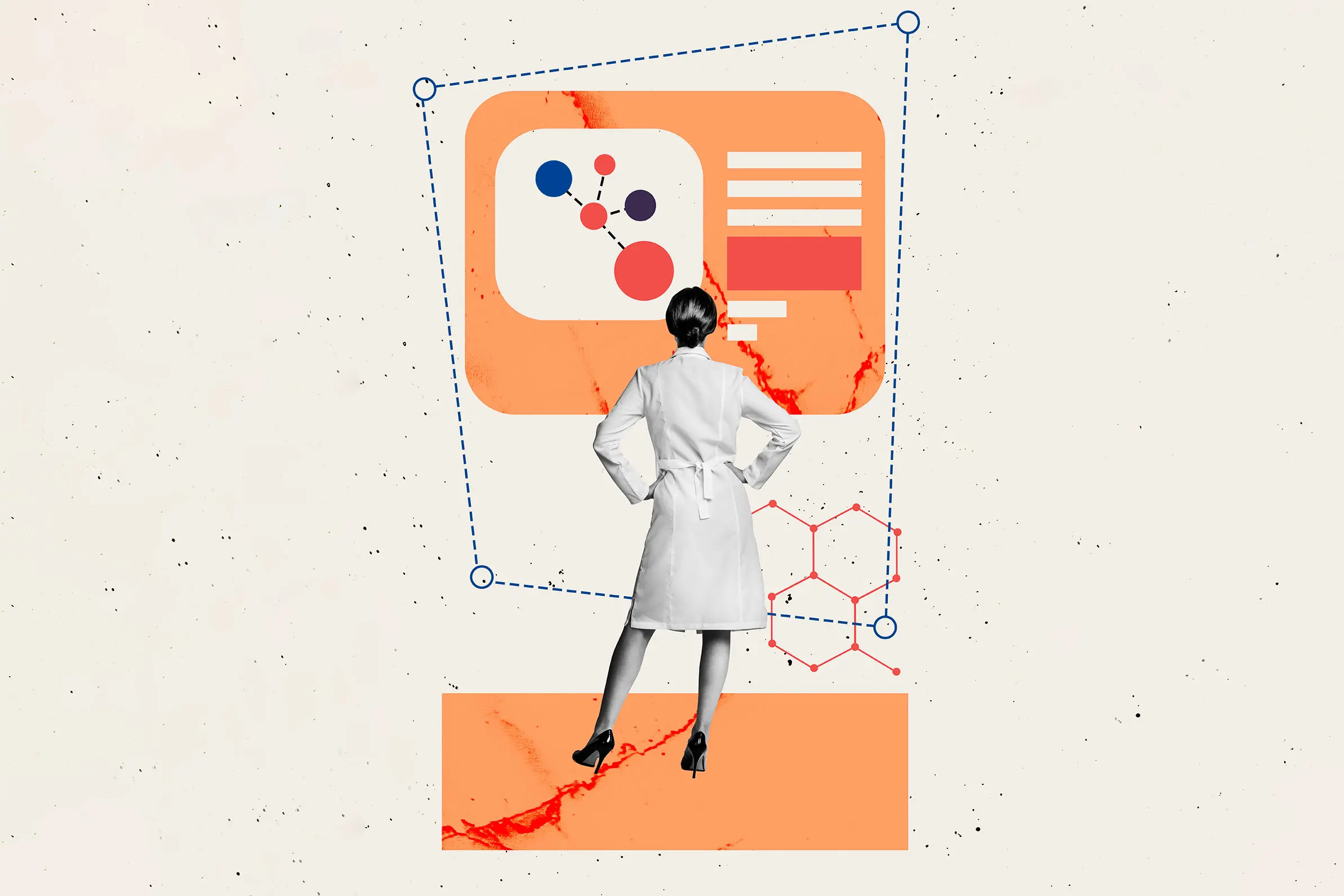 Collage Illustration of a female Scientist looking at graphic showing bio science concept
