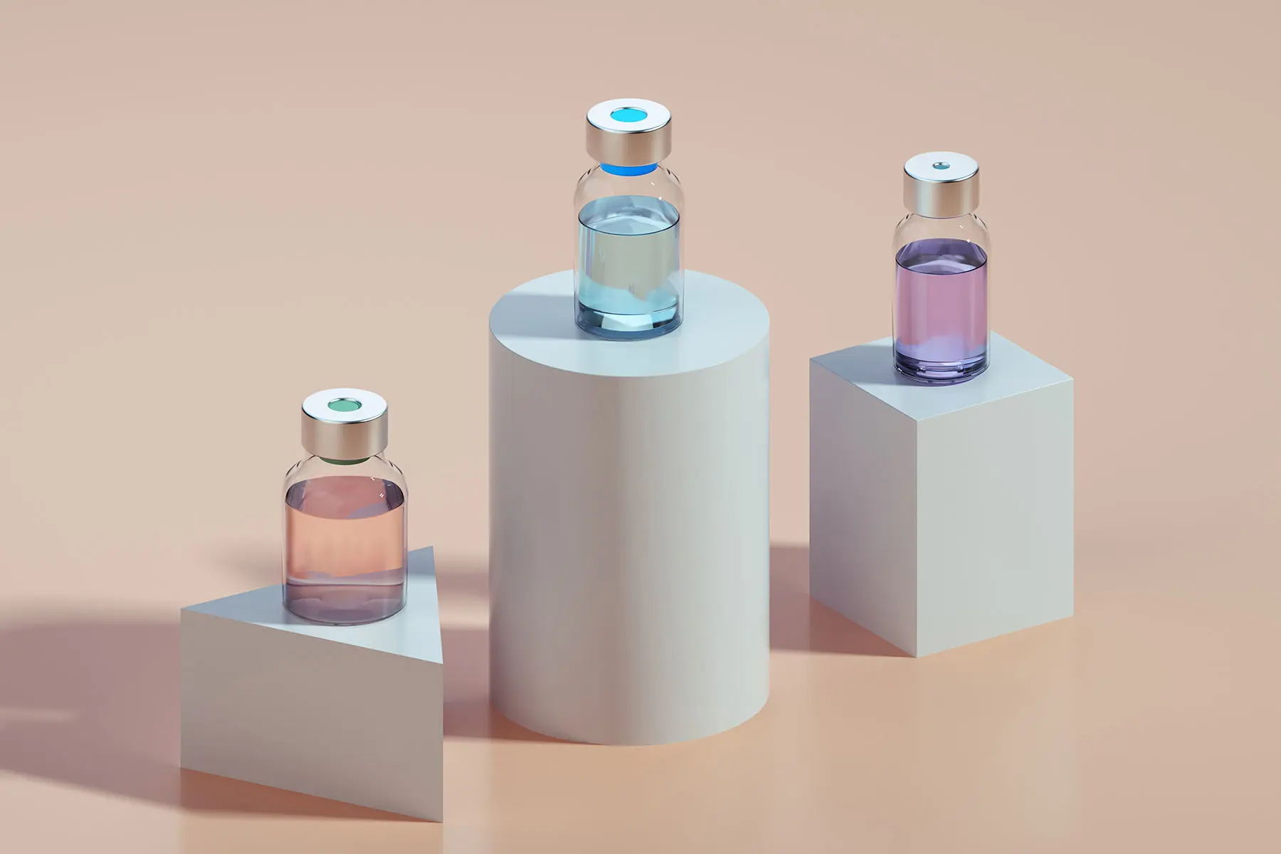 Conceptual photo showing glow peptides stack, with three different colored vials on pedestals. header