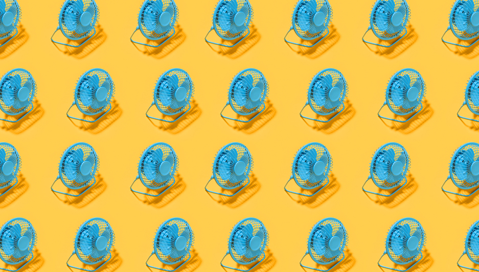 AW123 How Long Do Hot Flashes Last? (4) (photo showing a grid of vintage blue plastic fans on yellow background)