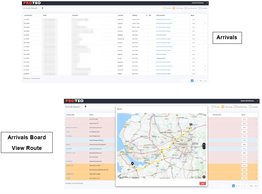 Real-time ETA update, arrival board, delivery updates, Proteo TMS
