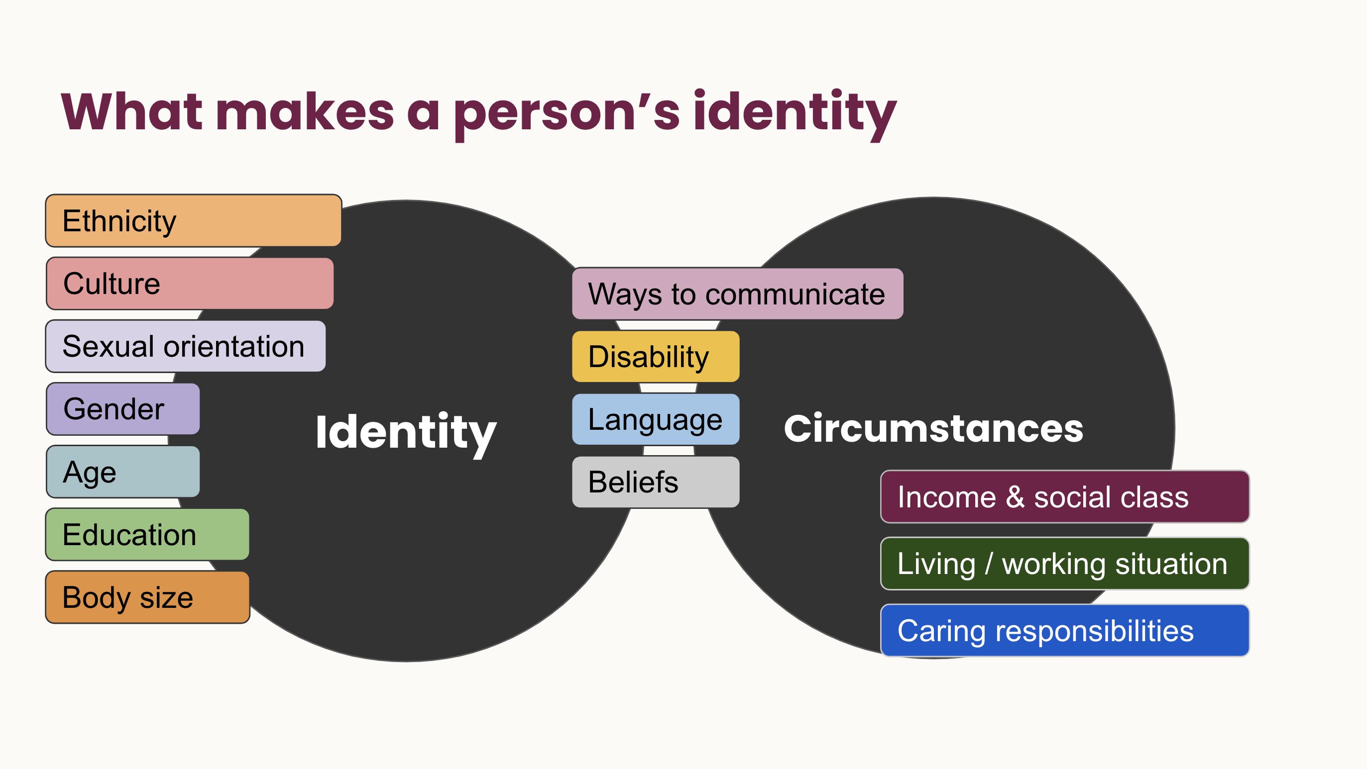 A chart showing what makes a persons identity and defines their circumstances